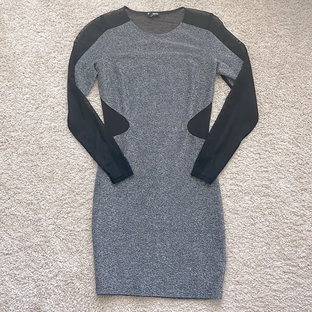 Sparkly grey dress with black, mesh detailing